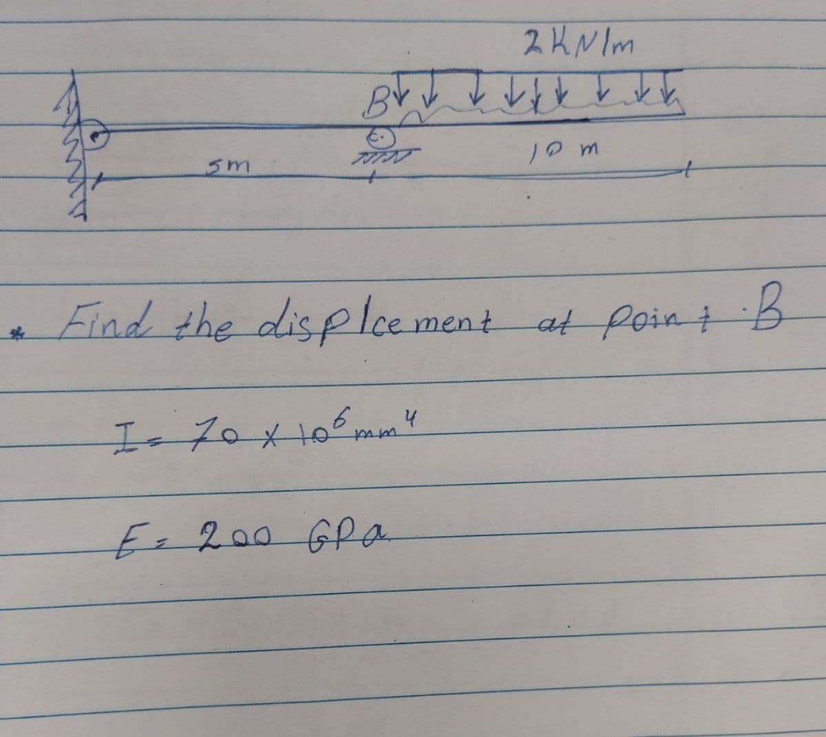 2KN Im
Find the displement at poin B
I-70x105,
mm
E200GPO
