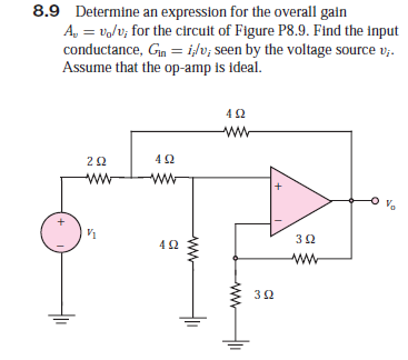 8.9 Determine an expression for the overall gain
A, = vo/v; for the circuit of Figure P8.9. Find the input
conductance, Gn = i;/v; seen by the voltage source v;.
Assume that the op-amp is ideal.
ww
ww
ww-
