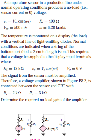 A temperature sensor in a production line under
normal operating conditions produces a no-load (1.e.,
sensor current = 0) voltage:
v, = Vao COS(mt)
R, = 400 2
V = 500 mV
w = 6.28 krad/s
The temperature is monitored on a display (the load)
with a vertical line of light-emitting diodes. Normal
conditions are indicated when a string of the
bottommost diodes 2 cm in length is on. This requires
that a voltage be supplied to the display input terminals
where
R1 = 12 k2
v, = V, cos(wt)
V. = 6 V
The signal from the sensor must be amplified.
Therefore, a voltage amplifier, shown in Figure P8.2, is
connected between the sensor and CRT with
R; = 2 k2
R, = 3 k2
Determine the required no-load gain of the amplifier.
ER,
R.
Αι
