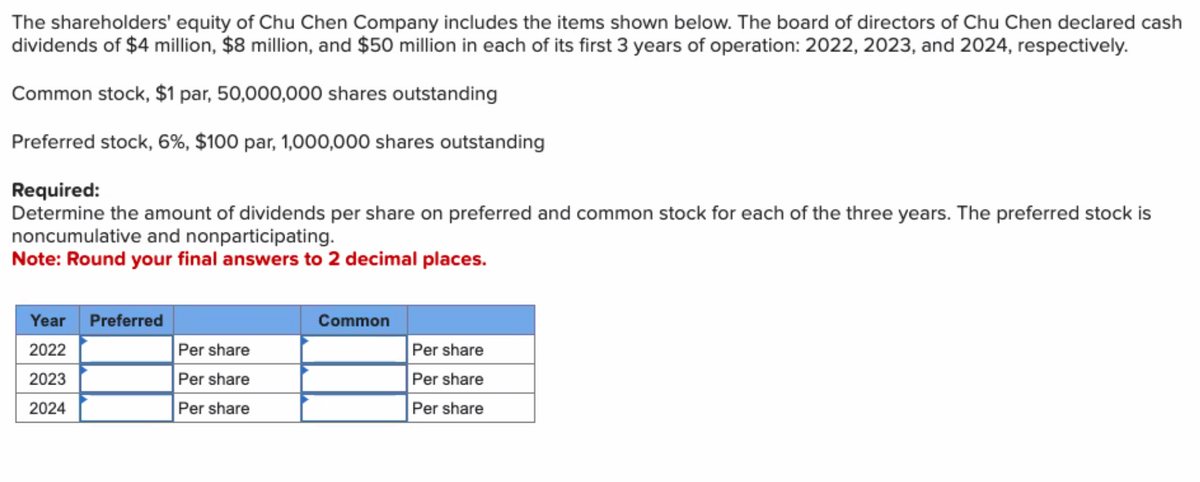 The shareholders' equity of Chu Chen Company includes the items shown below. The board of directors of Chu Chen declared cash
dividends of $4 million, $8 million, and $50 million in each of its first 3 years of operation: 2022, 2023, and 2024, respectively.
Common stock, $1 par, 50,000,000 shares outstanding
Preferred stock, 6%, $100 par, 1,000,000 shares outstanding
Required:
Determine the amount of dividends per share on preferred and common stock for each of the three years. The preferred stock is
noncumulative and nonparticipating.
Note: Round your final answers to 2 decimal places.
Year Preferred
2022
2023
2024
Per share
Per share
Per share
Common
Per share
Per share
Per share