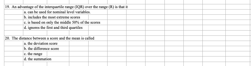 |19. An advantage of the interquartile range (IQR) over the range (R) is that it
| a. can be used for nominal level variables.
b. includes the most extreme scores
|c. is based on only the middle 50% of the scores
|d. ignores the first and third quartiles
20. The distance between a score and the mean is called
a. the deviation score
b. the difference score
c. the range
d. the summation
