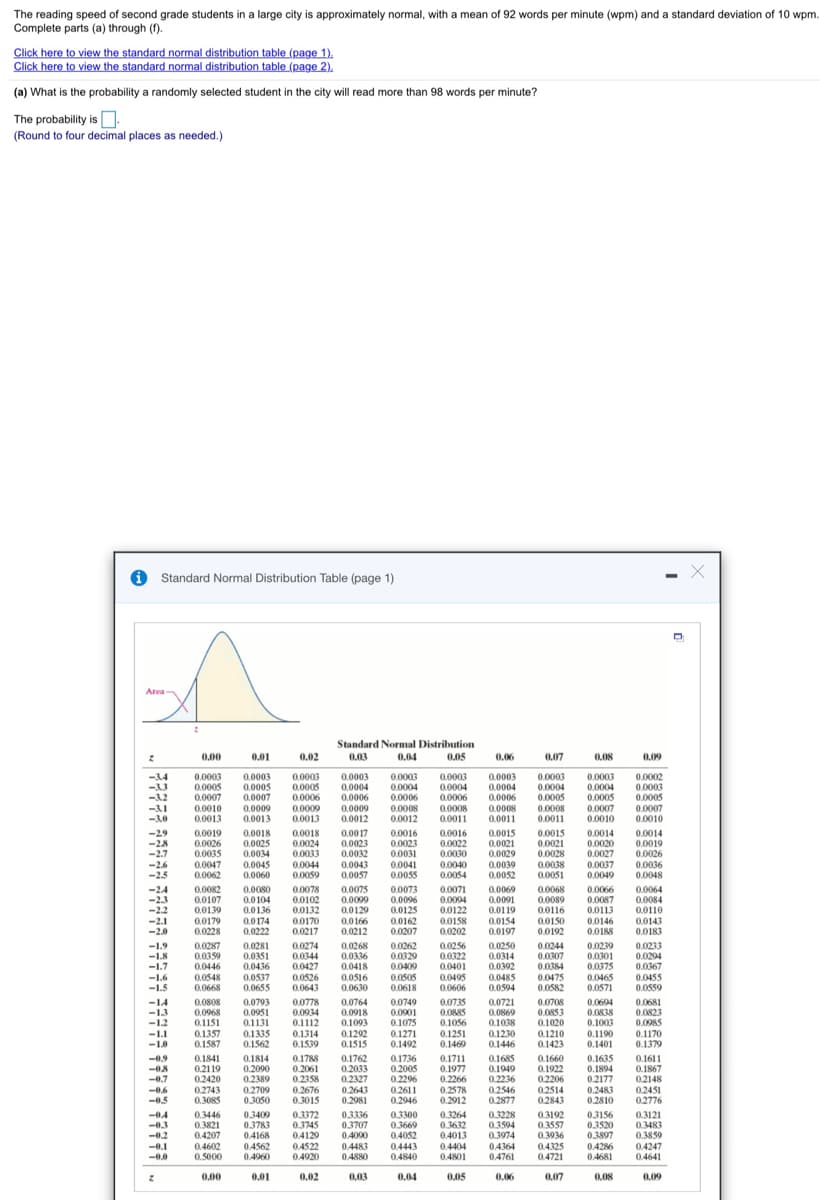 The reading speed of second grade students in a large city is approximately normal, with a mean of 92 words per minute (wpm) and a standard deviation of 10 wpm
Complete parts (a) through (f).
Click here to view the standard normal distribution table (page 1).
Click here to view the standard normal distribution table (page 2
(a) What is the probability a randomly selected student in the city will read more than 98 words per minute?
The probability is
(Round to four decimal places as needed.)
O Standard Normal Distribution Table (page 1)
0.04
0.0
0.07
0.08
0.09
