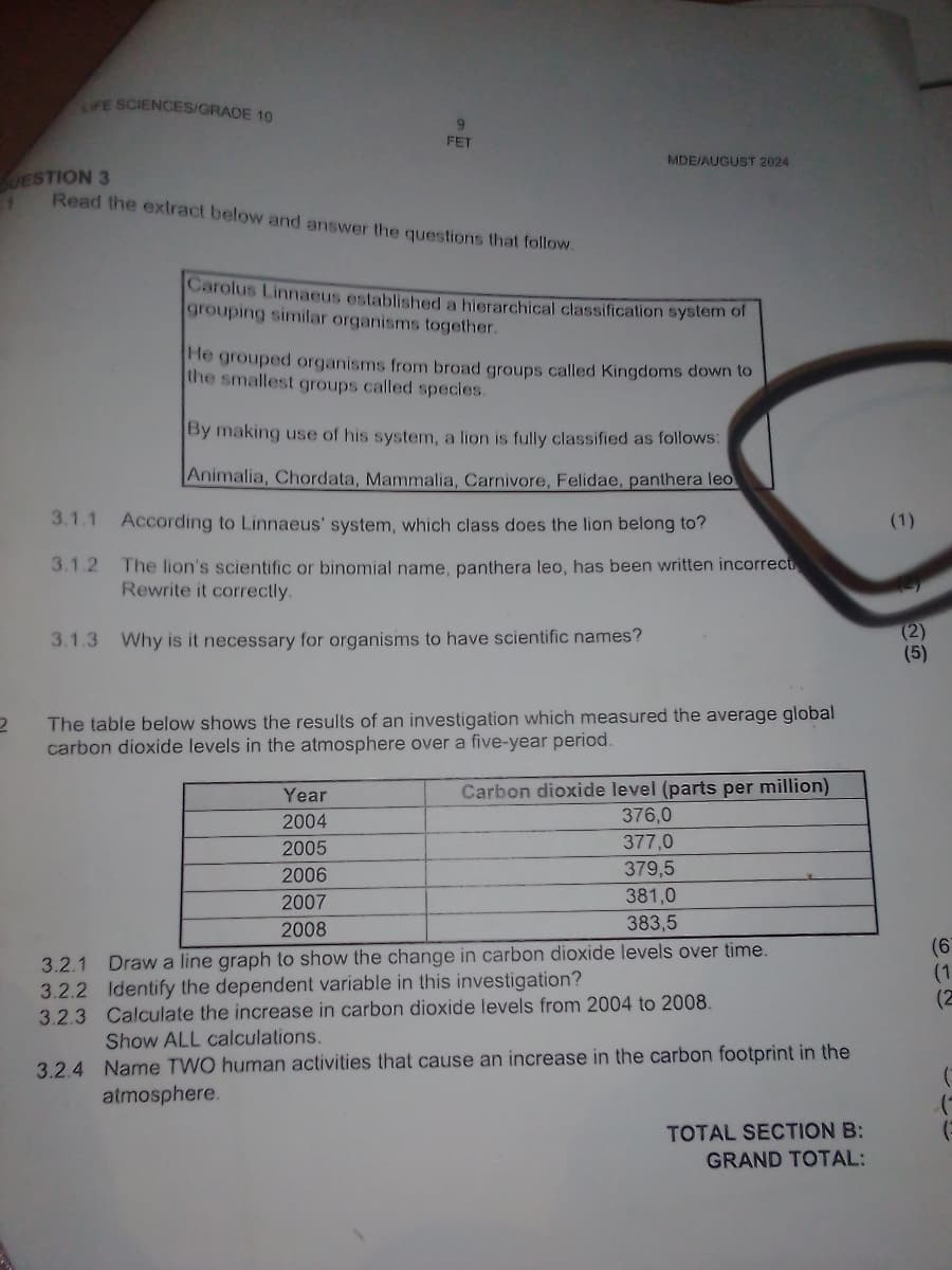 LIFE SCIENCES/GRADE 10
ESTION 3
FET
Read the extract below and answer the questions that follow.
MDE/AUGUST 2024
Carolus Linnaeus established a hierarchical classification system of
grouping similar organisms together.
He grouped organisms from broad groups called Kingdoms down to
the smallest groups called species.
By making use of his system, a lion is fully classified as follows:
Animalia, Chordata, Mammalia, Carnivore, Felidae, panthera leo
3.1.1 According to Linnaeus' system, which class does the lion belong to?
(1)
3.1.2 The lion's scientific or binomial name, panthera leo, has been written incorrect
Rewrite it correctly.
3.1.3 Why is it necessary for organisms to have scientific names?
25
(2)
(5)
2
The table below shows the results of an investigation which measured the average global
carbon dioxide levels in the atmosphere over a five-year period.
Year
Carbon dioxide level (parts per million)
2004
376,0
2005
377,0
2006
379,5
2007
381,0
2008
383,5
3.2.1 Draw a line graph to show the change in carbon dioxide levels over time.
3.2.2 Identify the dependent variable in this investigation?
3.2.3 Calculate the increase in carbon dioxide levels from 2004 to 2008.
Show ALL calculations.
3.2.4 Name TWO human activities that cause an increase in the carbon footprint in the
atmosphere.
TOTAL SECTION B:
GRAND TOTAL:
(6
(1
(2