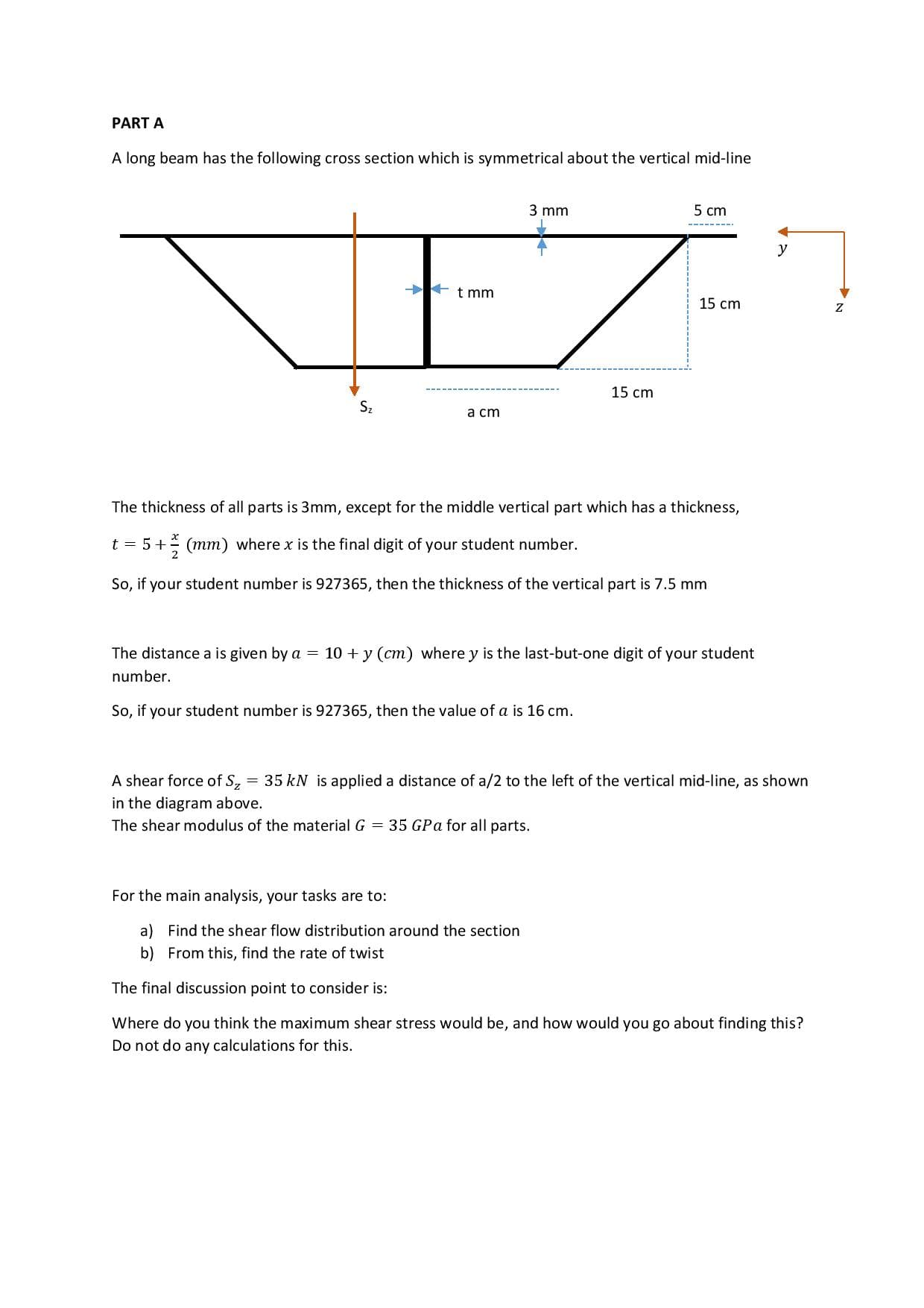 For the main analysis, your tasks are to:
a) Find the shear flow distribution around the section
b) From this, find the rate of twist
