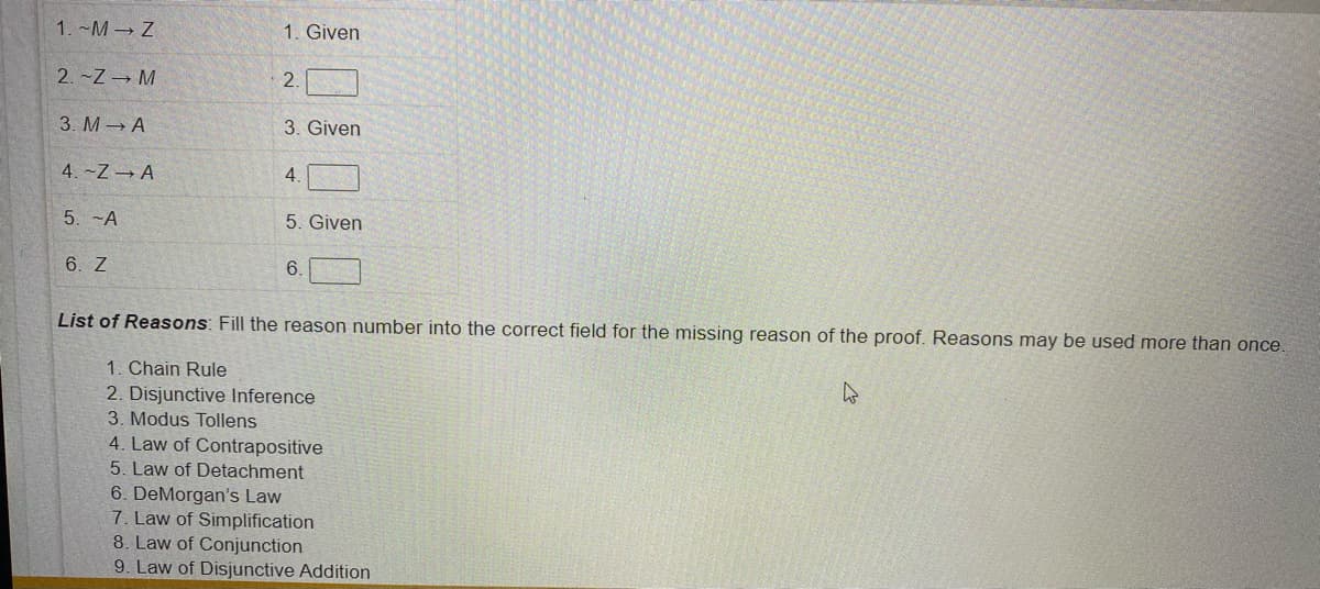 1. ~M Z
1. Given
2.-Z M
2.
3. M A
3. Given
4.-Z A
4.
5. -A
5. Given
6. Z
6.
List of Reasons: Fill the reason number into the correct field for the missing reason of the proof. Reasons may be used more than once.
1. Chain Rule
2. Disjunctive Inference
3. Modus Tollens
4. Law of Contrapositive
5. Law of Detachment
6. DeMorgan's Law
7. Law of Simplification
8. Law of Conjunction
9. Law of Disjunctive Addition
