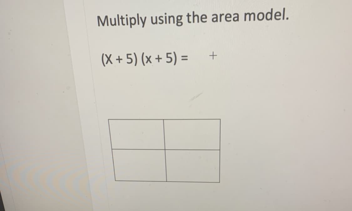 Multiply using the area model.
(X + 5) (x + 5) =
