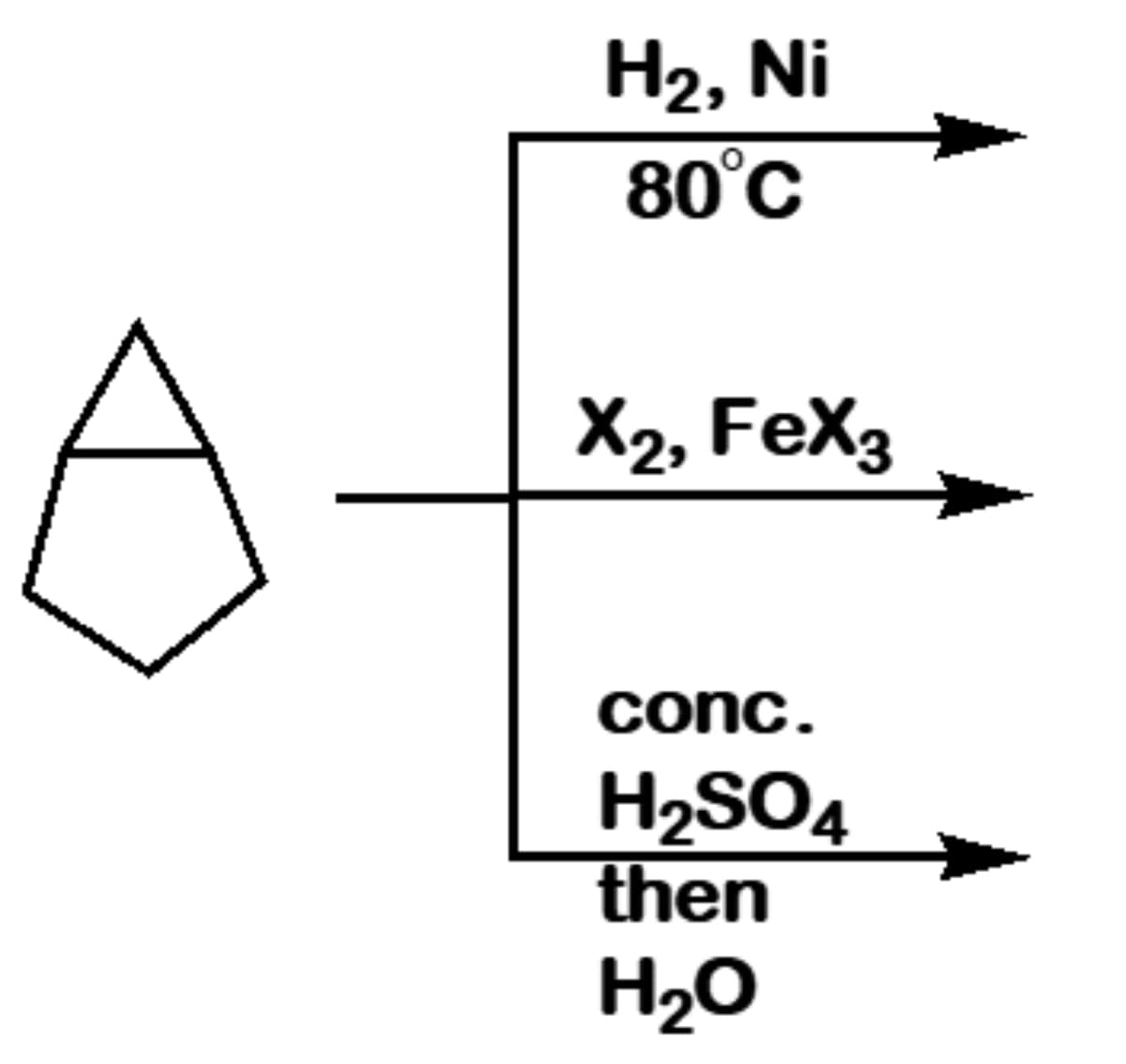 На, Ni
80°С
X2, FeX3
conc.
H2SO4
then
H20
