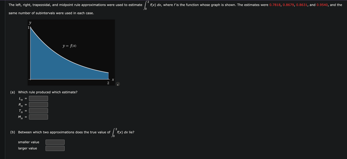 The left, right, trapezoidal, and midpoint rule approximations were used to estimate
same number of subintervals were used in each case.
n
Mn
(a) Which rule produced which estimate?
Ln
Rn
=
=
||
y
1 k
||
y = f(x)
smaller value
larger value
2
(b) Between which two approximations does the true value of
X
→
2
#f²f(x
'2
[²₁
f(x) dx, where f is the function whose graph is shown. The estimates were 0.7818, 0.8679, 0.8631, and 0.9540, and the
f(x) dx lie?