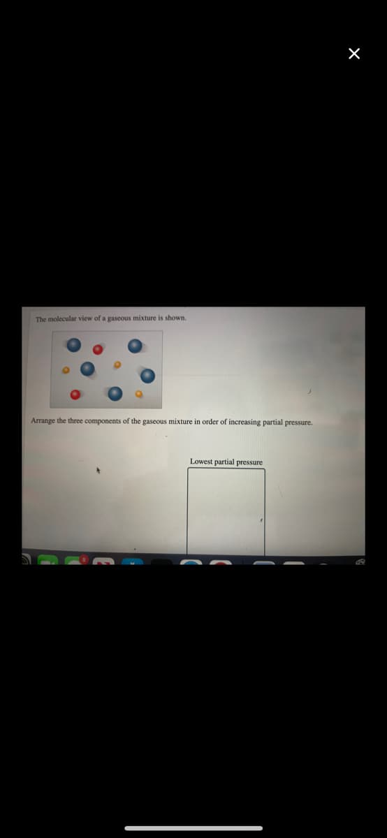 The molecular view of a gaseous mixture is shown.
Arrange the three components of the gaseous mixture in order of increasing partial pressure.
Lowest partial pressure
