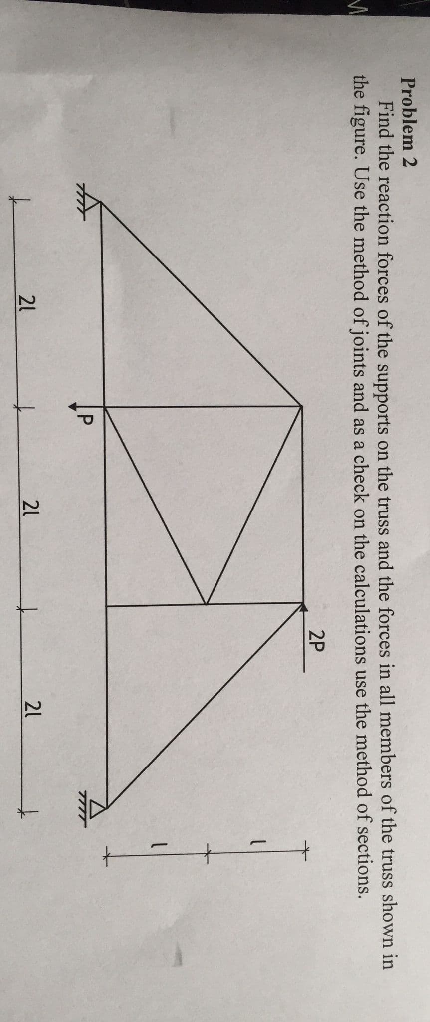 Problem 2
Find the reaction forces of the supports on the truss and the forces in all members of the truss shown in
the figure. Use the method of joints and as a check on the calculations use the method of sections.
M
2P
I
P
21
21
21