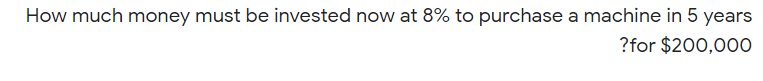 How much money must be invested now at 8% to purchase a machine in 5 years
?for $200,000
