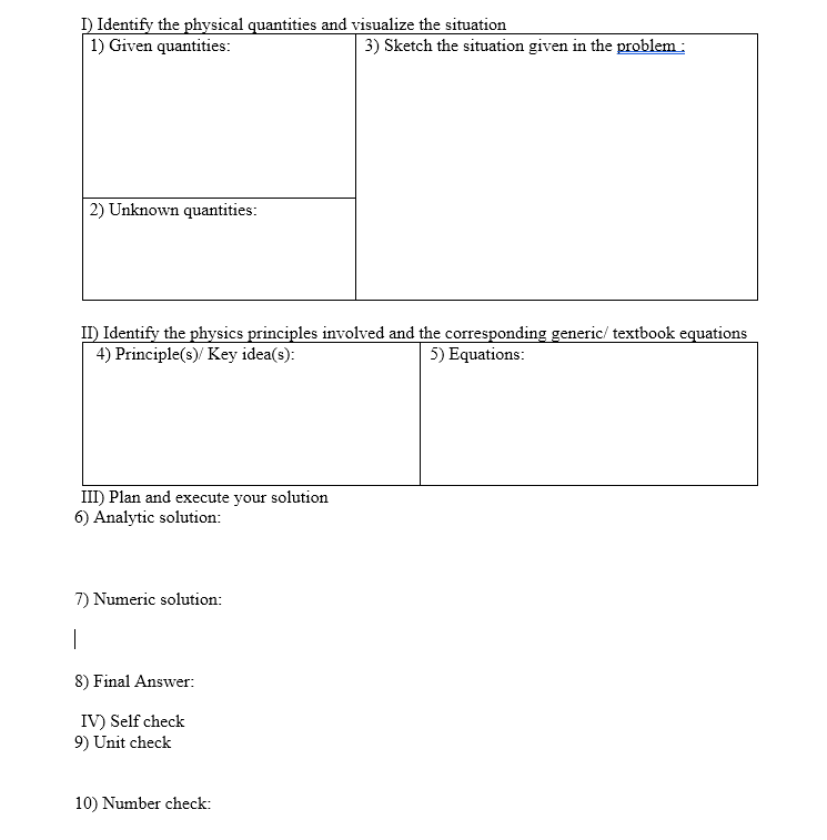 I) Identify the physical quantities and visualize the situation
1) Given quantities:
3) Sketch the situation given in the problem :
2) Unknown quantities:
II) Identify the physics principles involved and the corresponding generic/ textbook equations
4) Principle(s)/ Key idea(s):
5) Equations:
III) Plan and execute your solution
6) Analytic solution:
7) Numeric solution:
8) Final Answer:
IV) Self check
9) Unit check
10) Number check:
