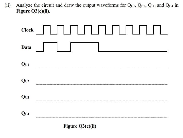 (ii) Analyze the circuit and draw the output waveforms for QU1, Qu2, Qu3 and Qu4 in
Figure Q3(c)(ii).
Clock
Data
Qu1
Qu2
Qu3
Qu4
Figure Q3(c)(ii)
