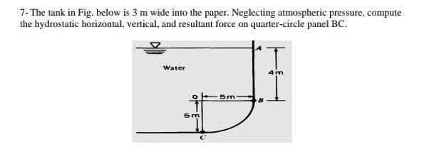 7- The tank in Fig. below is 3 m wide into the paper. Neglecting atmospheric pressure, compute
the hydrostatic horizontal, vertical, and resultant force on quarter-circle panel BC.
Water
4 m
Sm
sm
