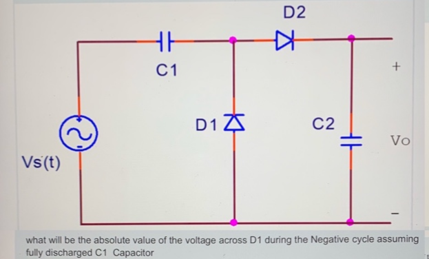 D2
C1
D1 A
C2
Vo
Vs(t)
what will be the absolute value of the voltage across D1 during the Negative cycle assuming
fully discharged C1 Capacitor
