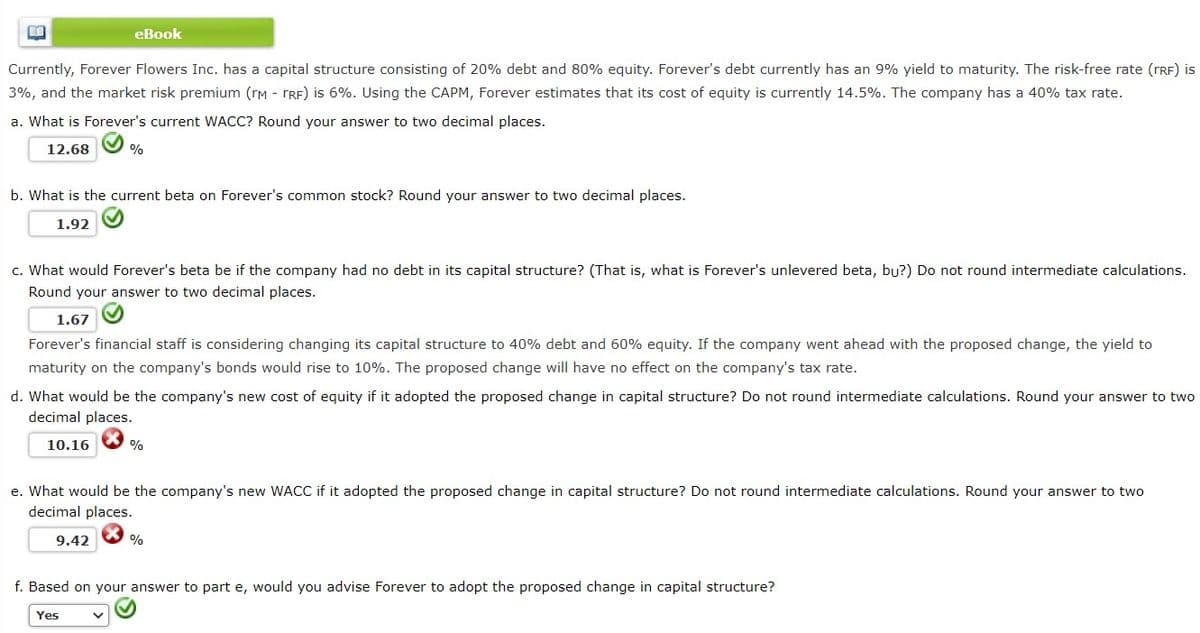 eBook
Currently, Forever Flowers Inc. has a capital structure consisting of 20% debt and 80% equity. Forever's debt currently has an 9% yield to maturity. The risk-free rate (TRF) is
3%, and the market risk premium (rM - TRF) is 6%. Using the CAPM, Forever estimates that its cost of equity is currently 14.5%. The company has a 40% tax rate.
a. What is Forever's current WACC? Round your answer to two decimal places.
12.68
%
b. What is the current beta on Forever's common stock? Round your answer to two decimal places.
1.92
c. What would Forever's beta be if the company had no debt in its capital structure? (That is, what is Forever's unlevered beta, bu?) Do not round intermediate calculations.
Round your answer to two decimal places.
1.67
Forever's financial staff is considering changing its capital structure to 40% debt and 60% equity. If the company went ahead with the proposed change, the yield to
maturity on the company's bonds would rise to 10%. The proposed change will have no effect on the company's tax rate.
d. What would be the company's new cost of equity if it adopted the proposed change in capital structure? Do not round intermediate calculations. Round your answer to two
decimal places.
10.16
%
e. What would be the company's new WACC if it adopted the proposed change in capital structure? Do not round intermediate calculations. Round your answer to two
decimal places.
9.42
%
f. Based on your answer to part e, would you advise Forever to adopt the proposed change in capital structure?
Yes