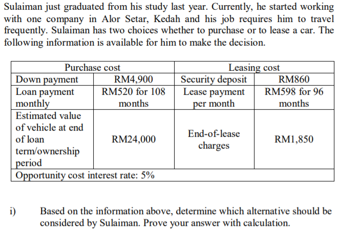 Sulaiman just graduated from his study last year. Currently, he started working
with one company in Alor Setar, Kedah and his job requires him to travel
frequently. Sulaiman has two choices whether to purchase or to lease a car. The
following information is available for him to make the decision.
Purchase cost
Down payment
Loan payment
monthly
Estimated value
Leasing cost
Security deposit
Lease payment
per month
RM4,900
RM520 for 108
RM860
RM598 for 96
months
months
of vehicle at end
End-of-lease
of loan
RM24,000
RM1,850
charges
term/ownership
period
Opportunity cost interest rate: 5%
i)
Based on the information above, determine which alternative should be
considered by Sulaiman. Prove your answer with calculation.
