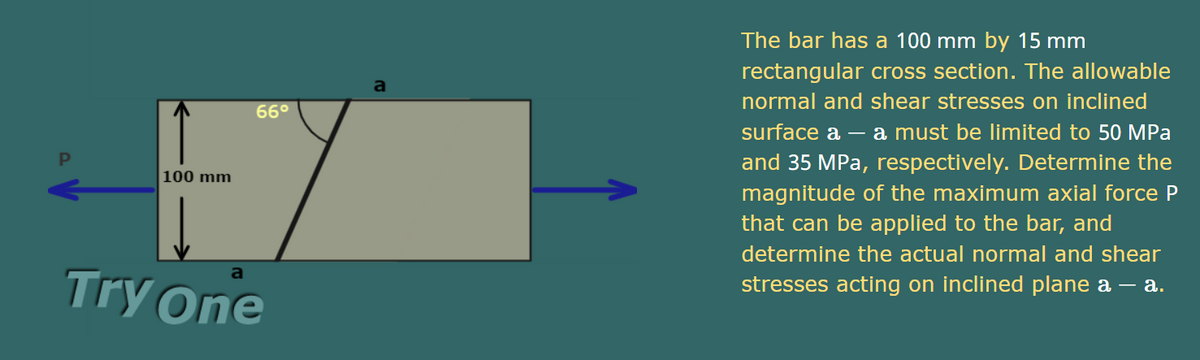 The bar has a 100 mm by 15 mm
rectangular cross section. The allowable
normal and shear stresses on inclined
66°
surface a – a must be limited to 50 MPa
and 35 MPa, respectively. Determine the
100 mm
magnitude of the maximum axial force P
that can be applied to the bar, and
determine the actual normal and shear
Try one
stresses acting on inclined plane a – a.
