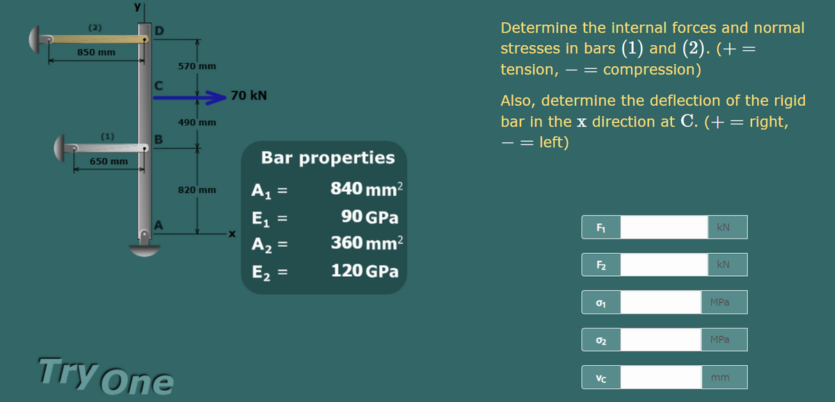 Determine the internal forces and normal
stresses in bars (1) and (2). (+=
850 mm
570 mm
tension, – = compression)
C
70 kN
Also, determine the deflection of the rigid
bar in the x direction at C. (+= right,
= left)
490 mm
(1)
- =
Bar properties
650 mm
A =
840 mm?
820 mm
%3D
E,
90 GPa
F1
kN
X
A2 =
360 mm?
E, =
120 GPa
F2
kN
01
MPa
02
MPa
Try One
VC
mm
II
