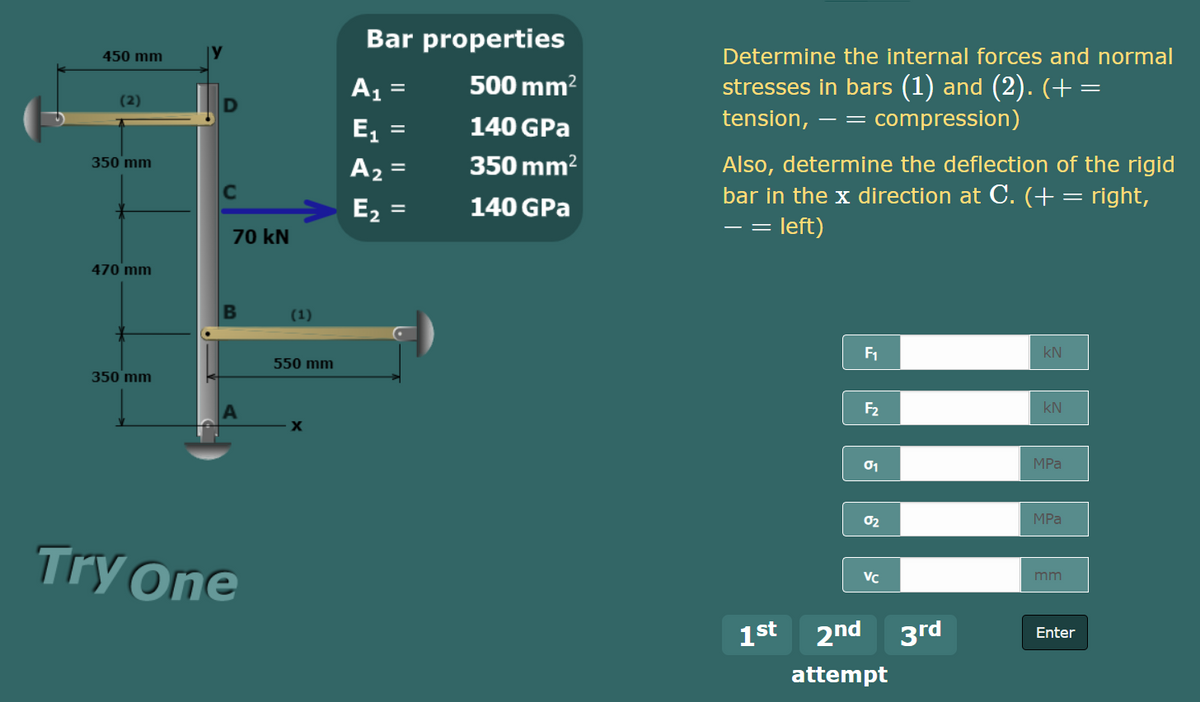 Bar properties
450 mm
Determine the internal forces and normal
A1
500 mm?
stresses in bars (1) and (2). (+=
(2)
E,
140 GPa
tension,
compression)
=
Also, determine the deflection of the rigid
bar in the x direction at C. (+= right,
- = left)
350 mm
A2 =
350 mm?
%3D
E, =
140 GPa
70 kN
470 mm
(1)
F1
kN
550 mm
350 mm
F2
kN
01
MPа
02
MPа
Try One
VC
mm
1st
2nd 3rd
Enter
attempt
