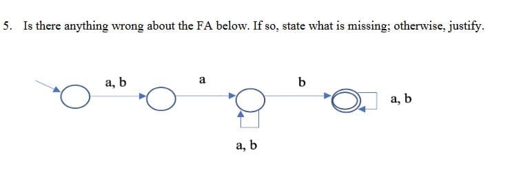 5. Is there anything wrong about the FA below. If so, state what is missing; otherwise, justify.
а, b
a
а, b
a, b
