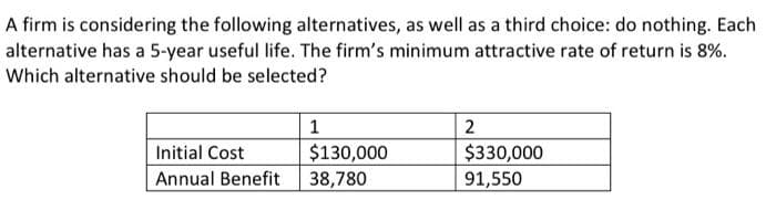 A firm is considering the following alternatives, as well as a third choice: do nothing. Each
alternative has a 5-year useful life. The firm's minimum attractive rate of return is 8%.
Which alternative should be selected?
Initial Cost
Annual Benefit
1
$130,000
38,780
2
$330,000
91,550