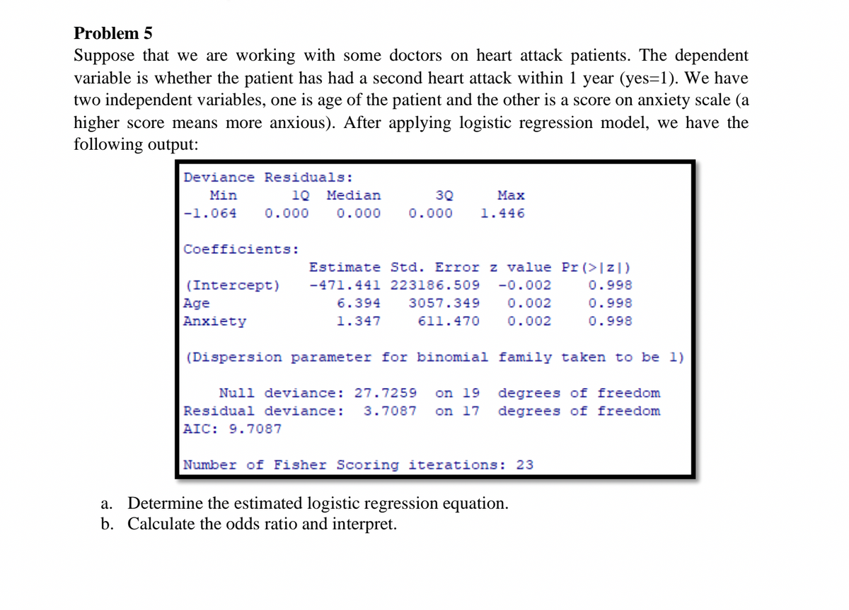 Problem 5
Suppose that we are working with some doctors on heart attack patients. The dependent
variable is whether the patient has had a second heart attack within 1 year (yes=1). We have
two independent variables, one is age of the patient and the other is a score on anxiety scale (a
higher score means more anxious). After applying logistic regression model, we have the
following output:
Deviance Residuals:
Min
10
Median
30
Мax
-1.064
0.000
0.000
0.000
1.446
Coefficients:
Estimate Std. Error z value Pr (>|z|)
(Intercept)
Age
Anxiety
-471.441 223186.509
-0.002
0.998
6.394
3057.349
0.002
0.998
1.347
611.470
0.002
0.998
(Dispersion parameter for binomial family taken to be 1)
Null deviance: 27.7259
on 19
degrees of freedom
Residual deviance:
AIC: 9.7087
3.7087
on 17
degrees of freedom
Number of Fisher Scoring iterations: 23
a. Determine the estimated logistic regression equation.
b. Calculate the odds ratio and interpret.
