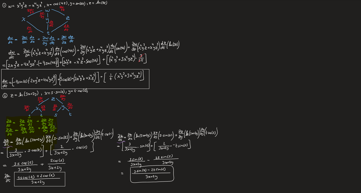 The image contains two examples of computing the rate of change of a function using the chain rule in multivariable calculus.

**Example 1:**

Given the function:
\[ w = x^3y^2 + x^4y^3z \]
- \( x = \cos(4t) \)
- \( y = \sin(5t) \)
- \( z = \ln(3t) \)

**Diagram:**
There is a tree diagram showing the dependencies:
- The top node is \( w \).
- The second layer has nodes for \( x \), \( y \), and \( z \).
- The third layer has a node for \( t \).

**Chain Rule Calculation:**
The derivative \( \frac{dw}{dt} \) is calculated using the partial derivatives and the derivatives of \( x \), \( y \), and \( z \) with respect to \( t \). Each term is expanded and simplified step by step.

**Example 2:**

Given the function:
\[ z = \ln(3x + 2y) \]
- \( x = s \cdot \sin(t) \)
- \( y = 4 \cdot \cos(t) \)

**Diagram:**
A similar dependency tree diagram shows:
- The top node is \( z \).
- The second layer has nodes for \( x \) and \( y \).
- The bottom layer has nodes for \( s \) and \( t \).

**Chain Rule Calculation:**
The derivative \( \frac{dz}{dt} \) is calculated, involving partial derivatives \( \frac{\partial z}{\partial x} \), \( \frac{\partial z}{\partial y} \), \( \frac{\partial x}{\partial t} \), \( \frac{\partial y}{\partial t} \). The expressions are expanded and simplified to give the final result.

**Visual elements highlighted:**
- Red for partial derivatives.
- Green background for the part of the diagram related to \( \frac{dz}{dt} \).

Each mathematical expression is expanded, showing detailed steps for educational purposes, illustrating how to apply the chain rule in complex scenarios involving multiple variables and paths of dependency.