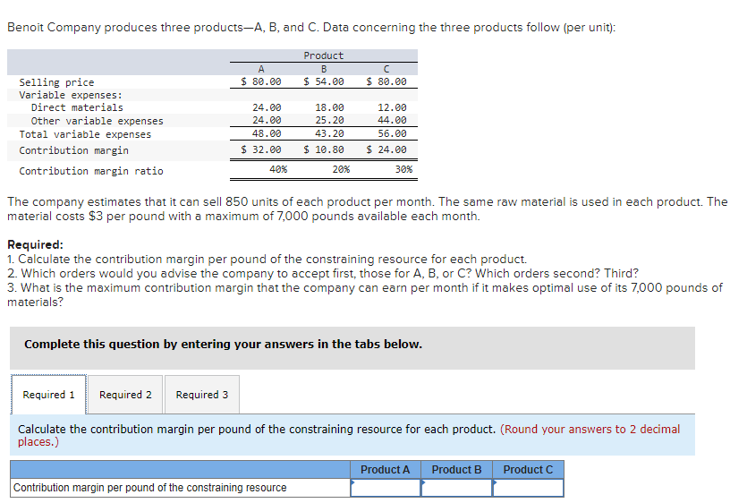 Benoit Company produces three products-A, B, and C. Data concerning the three products follow (per unit):
Product
B
$ 54.00
Selling price
Variable expenses:
Direct materials
Other variable expenses
Total variable expenses
Contribution margin
Contribution margin ratio
A
$ 80.00
24.00
24.00
48.00
$ 32.00
40%
18.00
25.20
43.20
$ 10.80
20%
C
$ 80.00
12.00
44.00
56.00
$ 24.00
Contribution margin per pound of the constraining resource
30%
The company estimates that it can sell 850 units of each product per month. The same raw material is used in each product. The
material costs $3 per pound with a maximum of 7,000 pounds available each month.
Required:
1. Calculate the contribution margin per pound of the constraining resource for each product.
2. Which orders would you advise the company to accept first, those for A, B, or C? Which orders second? Third?
3. What is the maximum contribution margin that the company can earn per month if it makes optimal use of its 7,000 pounds of
materials?
Complete this question by entering your answers in the tabs below.
Required 1 Required 2 Required 3
Calculate the contribution margin per pound of the constraining resource for each product. (Round your answers to 2 decimal
places.)
Product A Product B Product C