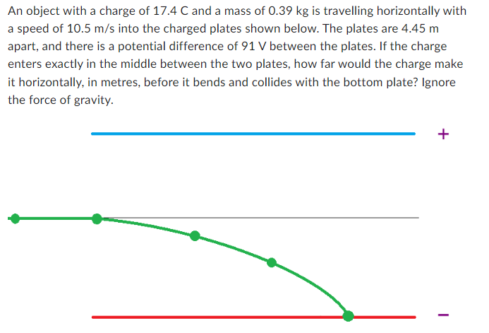 An object with a charge of 17.4 C and a mass of 0.39 kg is travelling horizontally with
a speed of 10.5 m/s into the charged plates shown below. The plates are 4.45 m
apart, and there is a potential difference of 91 V between the plates. If the charge
enters exactly in the middle between the two plates, how far would the charge make
it horizontally, in metres, before it bends and collides with the bottom plate? Ignore
the force of gravity.
+
I