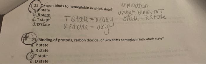 22. pxygen binds to hemoglobin in which state?
ex Plination
omyh Binas toT
stak= RState
state
b. R state
C.T state
d. D state
Tstate=DeOky
Rstate = 0xy
%3D
23 Binding of protons, carbon dioxide, or BPG shifts hemoglobin into which state?
a. P state
b. R state
T state
d. D state
