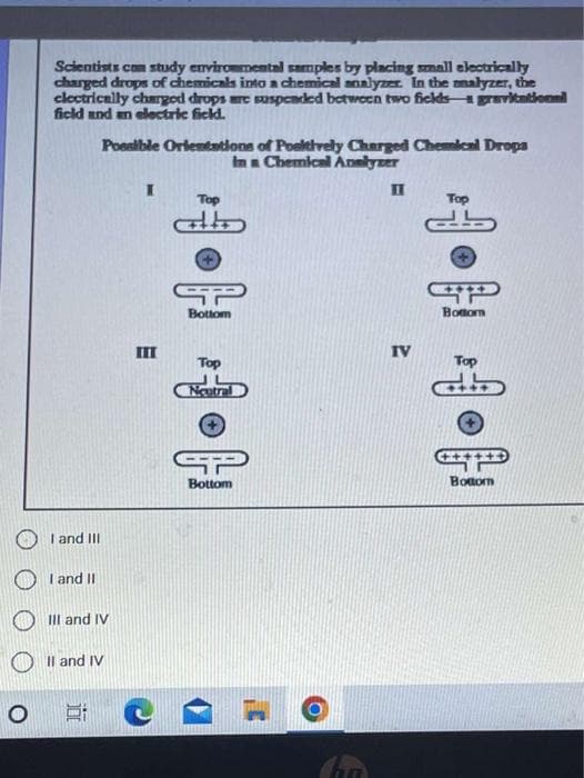 Scientists com study enviromental samples by placing small electrically
charged drops of chemicals into a chemical analyze. In the malyzer, the
clectrically chargod drops re saspeaded between two fickts gravitatiennl
ficld and an electric ficld.
Possible Orlentntlons of Poeltively Charged Chemical Dropa
In Chemical Annlyzer
II
Top
Top
SP
Bottom
Botom
III
IV
Top
Top
Neutral
Bottom
Botom
I and II
I and II
III and IV
Il and IV
O
