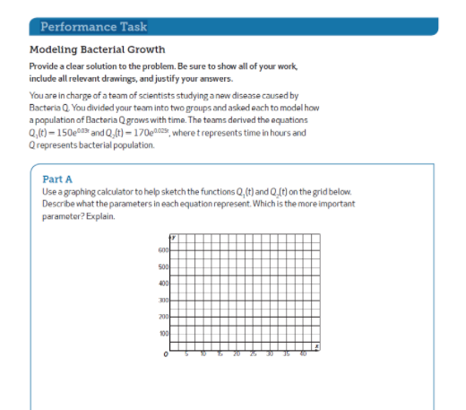 Performance Task
Modeling Bacterial Growth
Provide a clear solution to the problem. Be sure to show all of your work,
include all relevant drawings, and justify your answers.
You are in charge of a team of scientists studying a new disease caused by
Bacteria Q. You divided your team into two groups and asked each to model how
a population of Bacteria Qgrows with time. The toams derived the aquations
Q,(e) = 150e and Q,(t) = 170e^0s, where t represents time in hours and
Qrepresents bacterial population.
Part A
Use a graphing calculator to help sketch the functions Q,(t) and Qt) on the grid below.
Describe what the parameters in each equation represent. Which is the more important
parameter? Explain.
Go0
5o0
400
300
200
100
