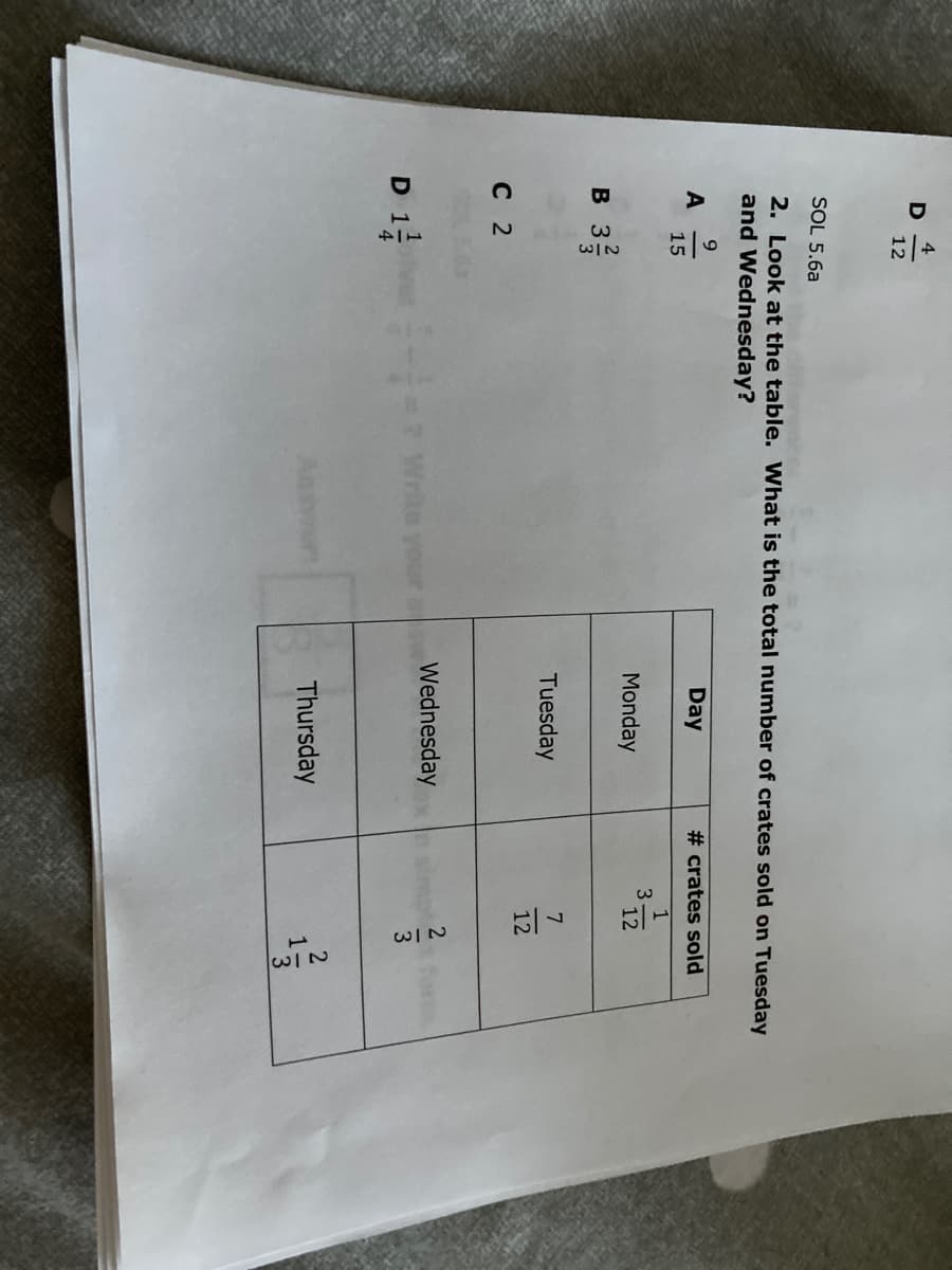 2 /3
4
12
SOL 5.6a
2. Look at the table. What is the total number of crates sold on Tuesday
and Wednesday?
9.
A
15
Day
# crates sold
1
3
12
Monday
в 3
Tuesday
12
с 2
2
Wednesday
D 1
2
Aas
Thursday
3
