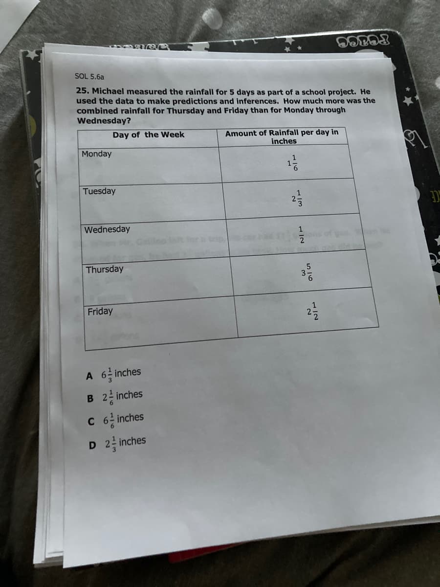 SOL 5.6a
25. Michael measured the rainfall for 5 days as part of a school project. He
used the data to make predictions and inferences. How much more was the
combined rainfall for Thursday and Friday than for Monday through
Wednesday?
Day of the Week
Amount of Rainfall per day in
inches
Monday
9.
Tuesday
Wednesday
Thursday
Friday
A 6 inches
B 22 inches
C 6 inches
D 2 inches
516
1/2
