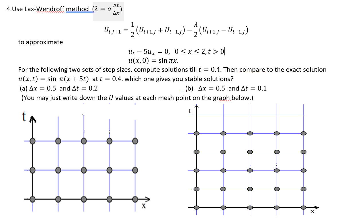 4. Use Lax-Wendroff method_(λ = a a At
Ax
to approximate
1
Ui.j+1 = ½ (U+1.) + Ui-1,j) — 2/2 (U+1.) — U₁-1,))
2
-
ut 5ux = 0, 0≤x≤ 2,t> 0
-
u(x, 0)
= = sin лx.
For the following two sets of step sizes, compute solutions till t = 0.4. Then compare to the exact solution
u(x, t) = sin π(x + 5t) at t = 0.4. which one gives you stable solutions?
(a) Δx
= 0.5 and At
0.2
(b) Ax = 0.5 and At = 0.1
(You may just write down the U values at each mesh point on the graph below.)
t
O