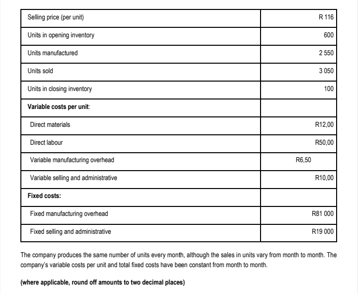 Selling price (per unit)
R 116
Units in opening inventory
600
Units manufactured
2 550
Units sold
3 050
Units in closing inventory
100
Variable costs per unit:
Direct materials
R12,00
Direct labour
R50,00
Variable manufacturing overhead
Variable selling and administrative
R10,00
Fixed costs:
Fixed manufacturing overhead
R81 000
Fixed selling and administrative
R19 000
The company produces the same number of units every month, although the sales in units vary from month to month. The
company's variable costs per unit and total fixed costs have been constant from month to month.
(where applicable, round off amounts to two decimal places)
R6,50