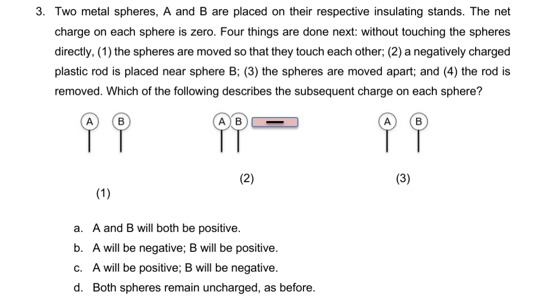 3. Two metal spheres, A and B are placed on their respective insulating stands. The net
charge on each sphere is zero. Four things are done next: without touching the spheres
directly, (1) the spheres are moved so that they touch each other; (2) a negatively charged
plastic rod is placed near sphere B; (3) the spheres are moved apart; and (4) the rod is
removed. Which of the following describes the subsequent charge on each sphere?
A B
A
(2)
(3)
(1)
a. A and B will both be positive.
b. A will be negative; B will be positive.
c. A will be positive; B will be negative.
d. Both spheres remain uncharged, as before.
