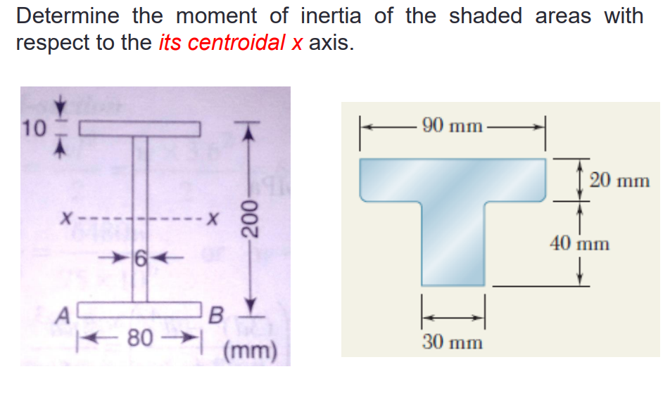 Determine the moment of inertia of the shaded areas with
respect to the its centroidal x axis.
10
- 90 mm -
20 mm
- -
40 mm
6-
A
B
80
30 mm
(mm)
-200-
