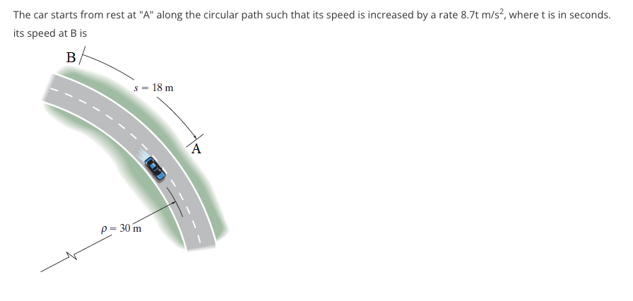 The car starts from rest at "A" along the circular path such that its speed is increased by a rate 8.7t m/s?, where t is in seconds.
its speed at B is
B
s = 18 m
p= 30 m
