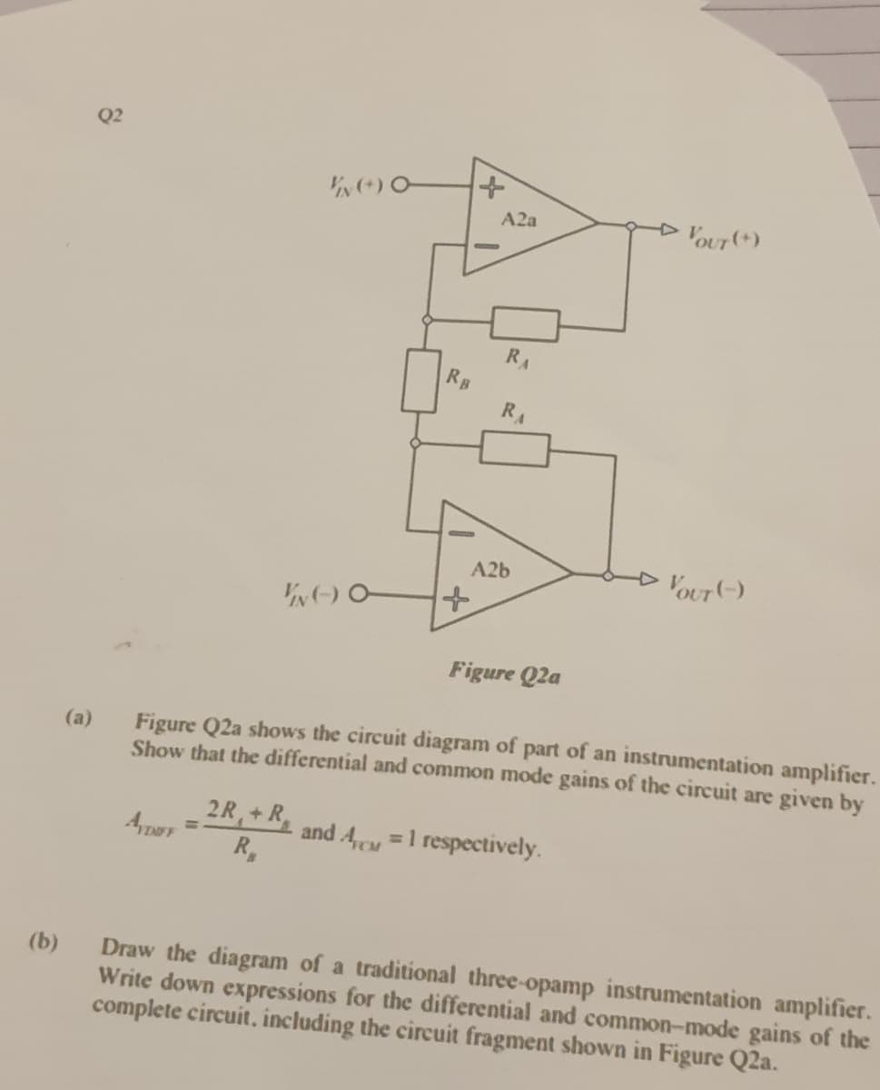 Q2
A2a
VOUT (+)
RA
RB
R
A2b
VOUT(-)
Figure Q2a
Figure Q2a shows the circuit diagram of part of an instrumentation amplifier.
Show that the differential and common mode gains of the circuit are given by
(a)
2R,+R and 4y = 1 respectively.
4,TAF Y
R,
%3D
%3D
Draw the diagram of a traditional three-opamp instrumentation amplifier.
Write down expressions for the differential and common-mode gains of the
complete circuit. including the circuit fragment shown in Figure Q2a.
(b)
