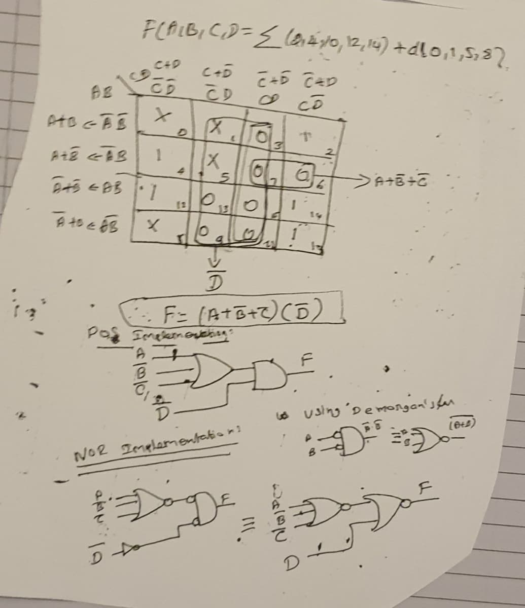 FCALB, CD={(enzyo, 12,14) +dl0,1,5,8?
C4D
C45
BE
2.
F= (A+B+7)(D)
o using 'Demongan's fan
NO2 Imelementation?
D
