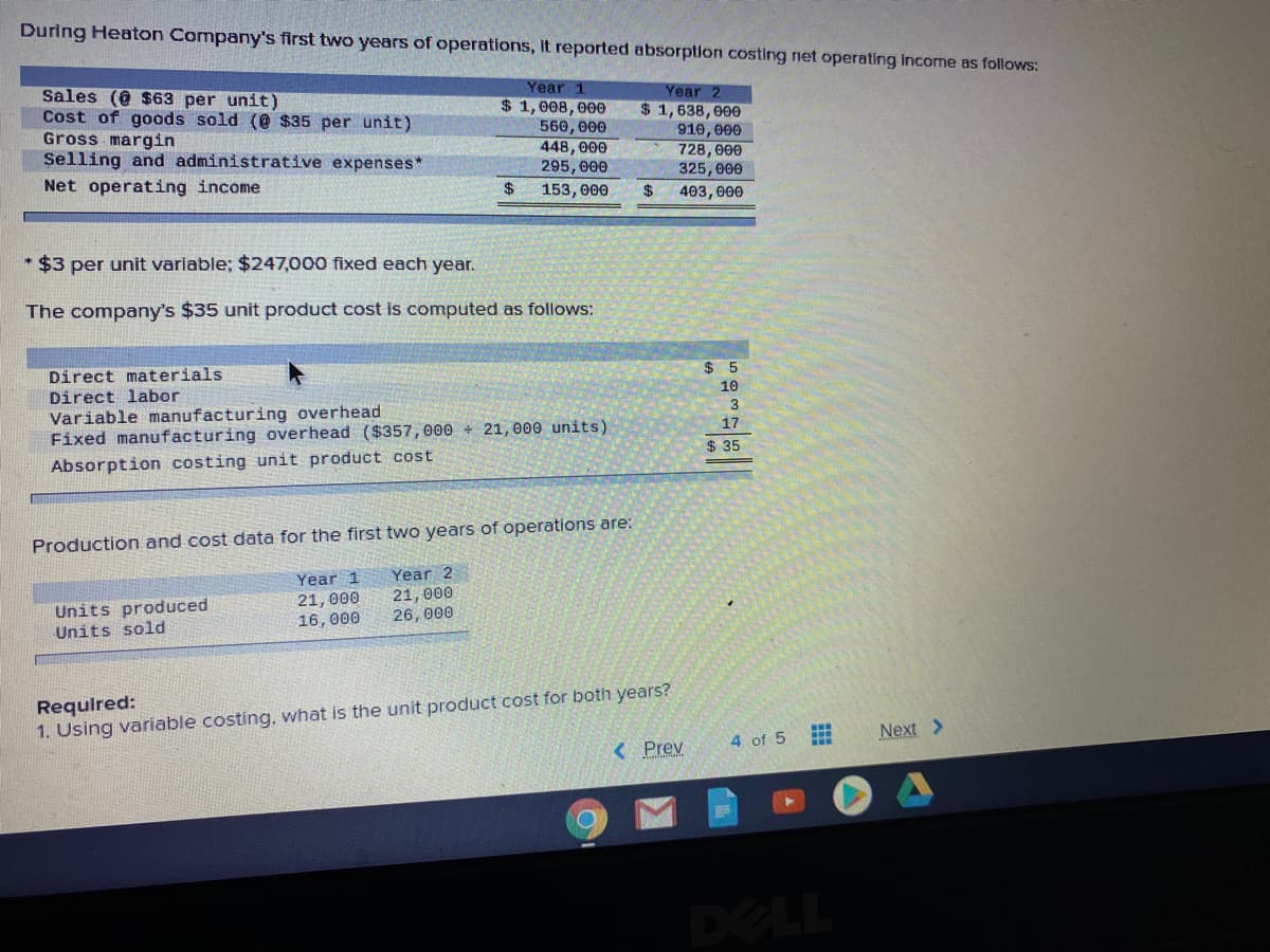 During Heaton Company's first two years of operations, It reported absorption costing net operating income as follows:
Sales (@ $63 per unit)
Cost of goods sold (@ $35 per unit)
Gross margin
Selling and administrative expenses*
Year 1
$1,008, 000
560, 000
448, 000
295, 000
Year 2
$1,638,000
910, 000
728,000
325, 000
2$
Net operating income
$4
153, 000
403, 000
* $3 per unit variable; $247,000 fixed each year.
The company's $35 unit product cost is computed as follows:
$ 5
Direct materials
Direct labor
Variable manufacturing overhead
Fixed manufacturing overhead ($357, 000 + 21, 000 units)
10
17
$ 35
Absorption costing unit product cost
Production and cost data for the first two years of operations are:
Year 2
Year 1
Units produced
Units sold
21, 000
16, 000
21, 000
26, 000
Required:
1. Using variable costing, what is the unit product cost for both years?
Next >
4 of 5
< Prev
DELL
