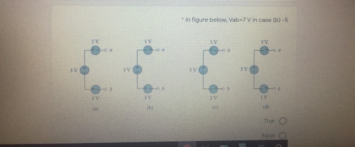 * In figure below, Vab=7 V in case (b) -5
5 V
5 V
SV
5V
3 V
3 V
3 V
3 V
1V
(a)
(b)
(c)
(d)
True
False
