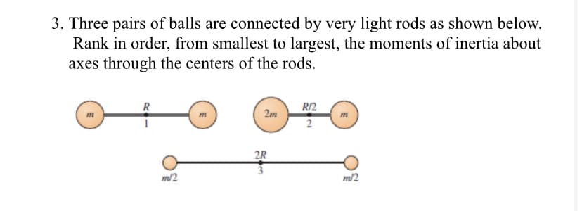 3. Three pairs of balls are connected by very light rods as shown below.
Rank in order, from smallest to largest, the moments of inertia about
axes through the centers of the rods.
R2
m
2m
2R
m/2
m/2
