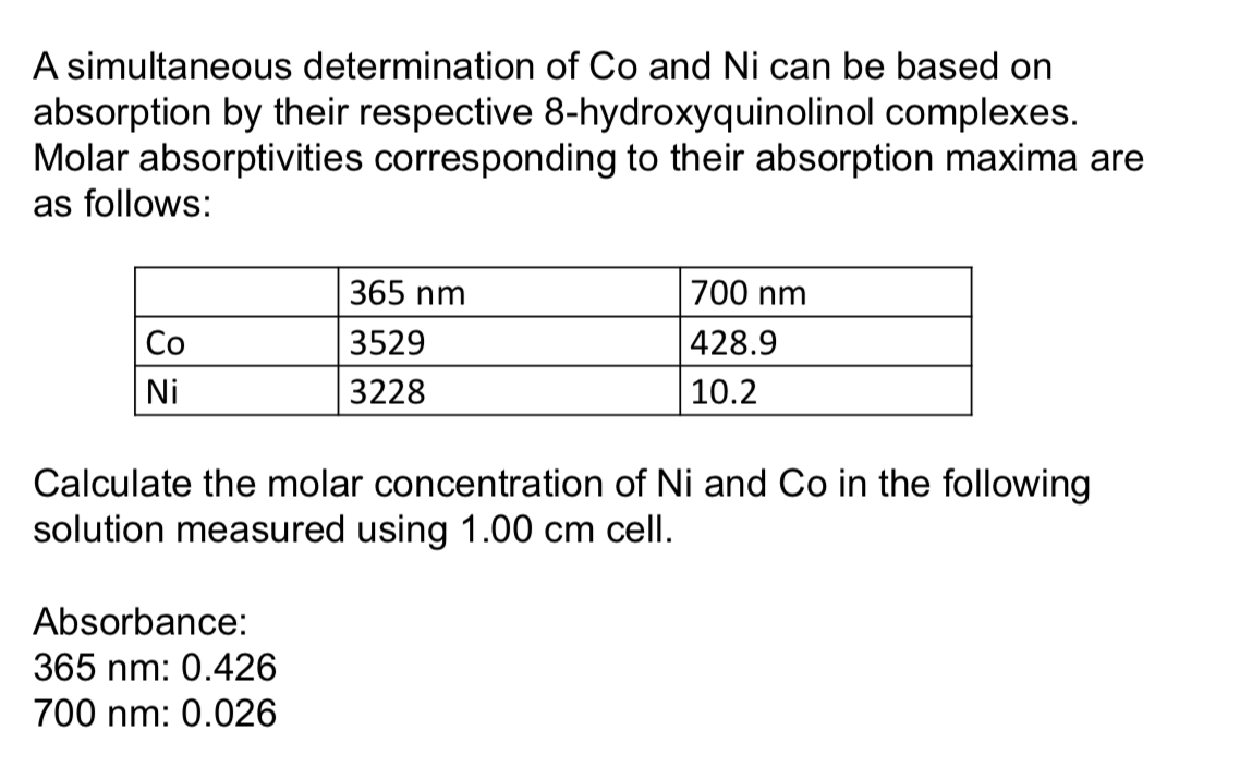 A simultaneous determination of Co and Ni can be based on
absorption by their respective 8-hydroxyquinolinol complexes.
Molar absorptivities corresponding to their absorption maxima are
as follows:
365 nm
700 nm
428.9
| 10.2
Co
3529
Ni
3228
Calculate the molar concentration of Ni and Co in the following
solution measured using 1.00 cm cell.
Absorbance:
365 nm: 0.426
700 nm: 0.026
