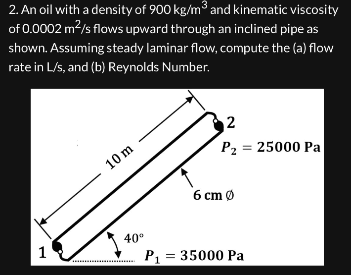 2. An oil with a density of 900 kg/m³ and kinematic viscosity
of 0.0002 m²/s flows upward through an inclined pipe as
shown. Assuming steady laminar flow, compute the (a) flow
rate in L/s, and (b) Reynolds Number.
10 m
40°
2
P2 = 25000 Pa
6 cm Ø
P₁ = 35000 Pa
1