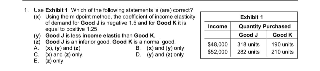 1. Use Exhibit 1. Which of the following statements is (are) correct?
(x) Using the midpoint method, the coefficient of income elasticity
of demand for Good J is negative 1.5 and for Good K it is
equal to positive 1.25.
(y) Good J is less income elastic than Good K.
(z) Good J is an inferior good. Good K is a normal good.
A.
Exhibit 1
Income
Quantity Purchased
Good J
Good K
$48,000
$52,000
318 units
190 units
(x), (y) and (z)
С.
В.
(x) and (y) only
282 units
210 units
(x) and (z) only
E.
(y) and (z) only
D.
(z) only
