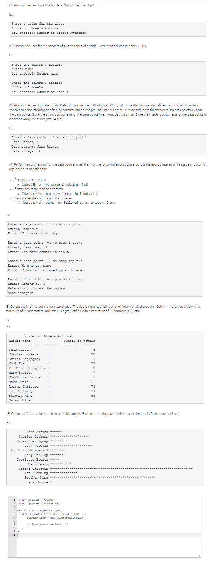 (1) Prompt the user for a title for data. Output the title. (1 pt)
Ex:
(2) Prompt the user for the headers of two columns of a table. Output the column headers. (1 pt)
Ex:
Enter a title for the data:
Number of Novels Authored
You entered: Number of Novels Authored
(3) Prompt the user for data points. Data points must be in this format: string, int. Store the information before the comma into a string
variable and the information after the comma into an integer. The user will enter -1 when they have finished entering data points. Output
the data points. Store the string components of the data points in an ArrayList of strings. Store the integer components of the data points in
a second ArrayList of integers. (4 pts)
Ex:
Enter the column 1 header:
Author name
You entered: Author name
Enter the column 2 header:
Number of novels
You entered: Number of novels
(4) Perform error checking for the data point entries. If any of the following errors occurs, output the appropriate error message and prompt
again for a valid data point.
Ex:
• If entry has no comma
Enter a data point (-1 to stop input):
Jane Austen, 6
Data string: Jane Austen
Data integer: 6
. If entry has more than one comma
• Output: Error: Too many commas in input. (1 pt)
• If entry after the comma is not an integer
• Output: Error: Comma not followed by an integer. (2 pts)
Enter a data point (-1 to stop input):
Ernest Hemingway 9
Error: No comma in string.
Ex:
• Output: Error: No comma in string. (1 pt)
Enter a data point (-1 to stop input):
Ernest, Hemingway, 9
Error: Too many commas in input.
Ex:
Enter a data point (-1 to stop input):
Ernest Hemingway, nine
Error: Comma not followed by an integer.
Enter a data point (-1 to stop input):
Ernest Hemingway, 9
Data string: Ernest Hemingway
Data integer: 9
(5) Output the information in a formatted table. The title is right justified with a minimum of 33 characters. Column 1 is left justified with a
minimum of 20 characters. Column 2 is right justified with a minimum of 23 characters. (3 pts)
Ex:
Author name
Jane Austen
Charles Dickens
Ernest Hemingway
Jack Kerouac
F. Scott Fitzgerald |
Mary Shelley
Charlotte Bronte
Number of Novels Authored
I
Mark Twain
Agatha Christie
Ian Flemming
Stephen King
Oscar Wilde
1
1
I
I
10
11
Jane Austen ******
Charles Dickens ***
Ernest Hemingway ***** do dia -
Jack Kerouac *****e
F. Scott Fitzgerald ** dhe do të dhe do te
Mary Shelley *******
Charlotte Bronte de de
Mark Twain
9 }
Agatha Christie ***
Ian Flemming
*****
1 import java.util.Scanner;
2 import java.util.ArrayList;
3
Number of novels
(6) Output the information as a formatted histogram. Each name is right justified with a minimum of 20 characters. (4 pts)
Stephen King
Oscar Wilde
4 public class DataVisualizer {
5 public static void main(String[] args) {
1 Scanner scnr = new Scanner(System.in);
6
7
8 1 /* Type your code here. */
6
20
9
22
8
7
5
11
73
14
54
1