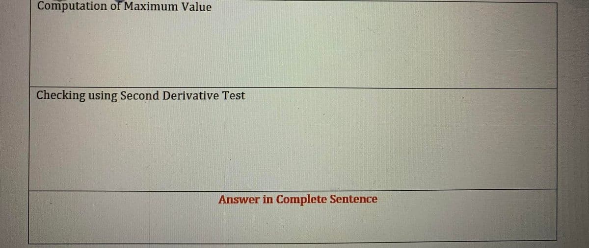 Computation of Maximum Value
Checking using Second Derivative Test
Answer in Complete Sentence
